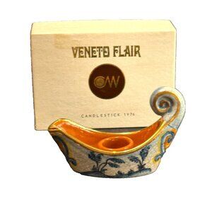 Vintage Veneto Flair Candlestick Signed 1976 Italian Ceramic Scroll Design